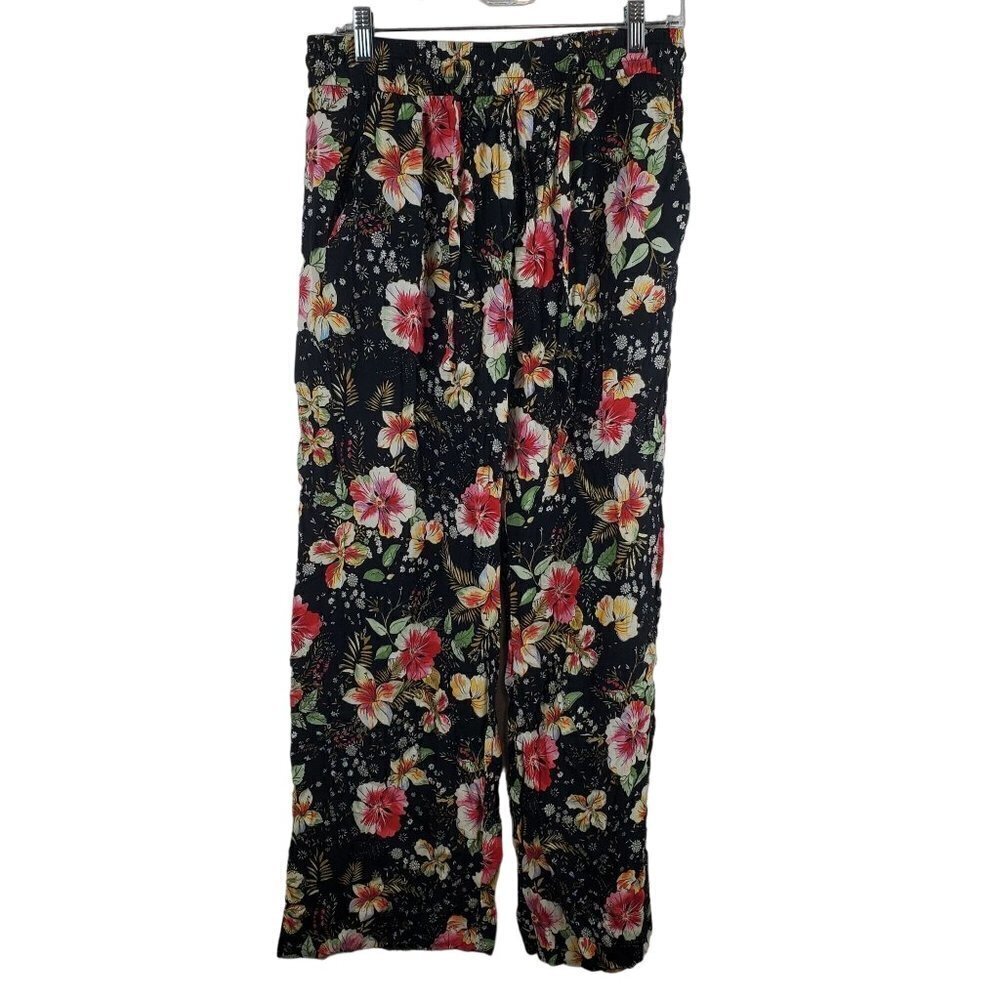 Zara Woman Pants Medium Black Red Floral Elastic Waist Pull On Wide Leg Pockets